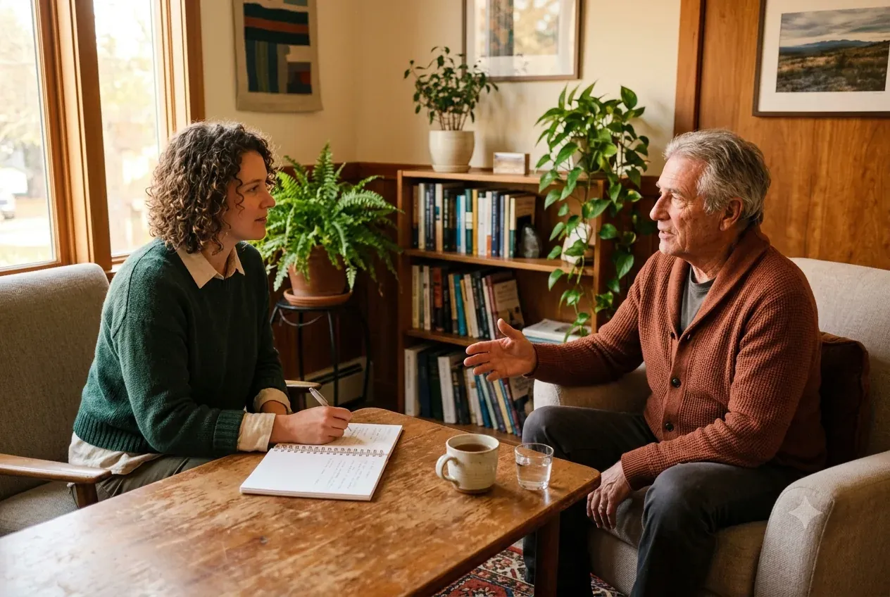 A clinician in a green sweater talking with an older man across a wooden coffee table.