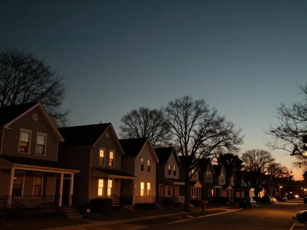 A New Jersey residential street of colonial-style homes at dusk, with warm lights in the windows.