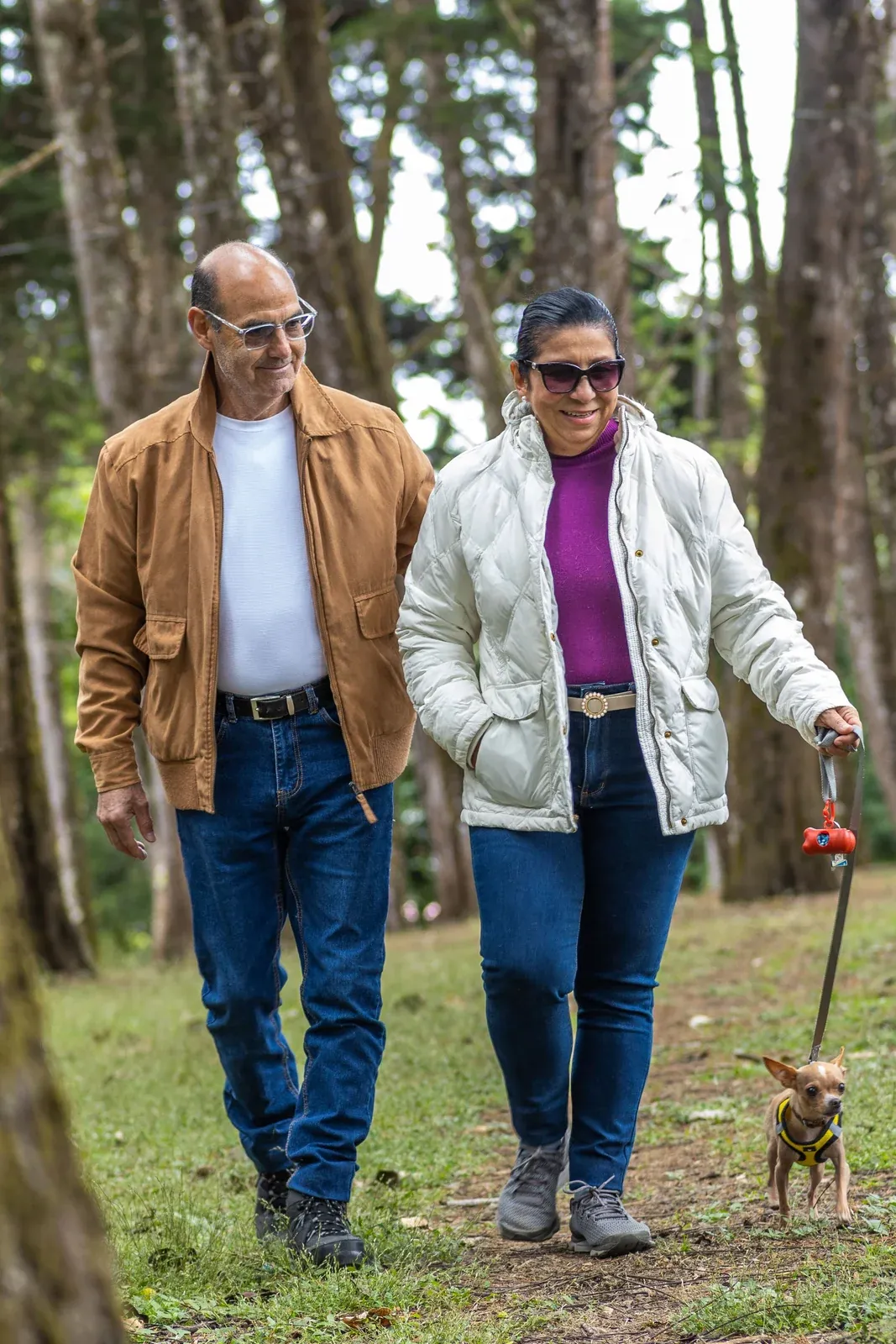 An older couple smiling as they walk side by side down a woodland trail, she holding the leash of a small dog.