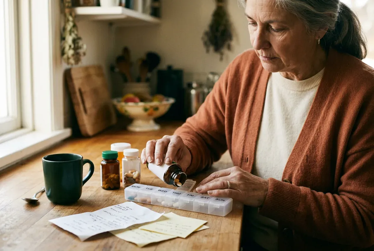 An older woman in an orange cardigan filling a weekly pill organizer at a kitchen table.