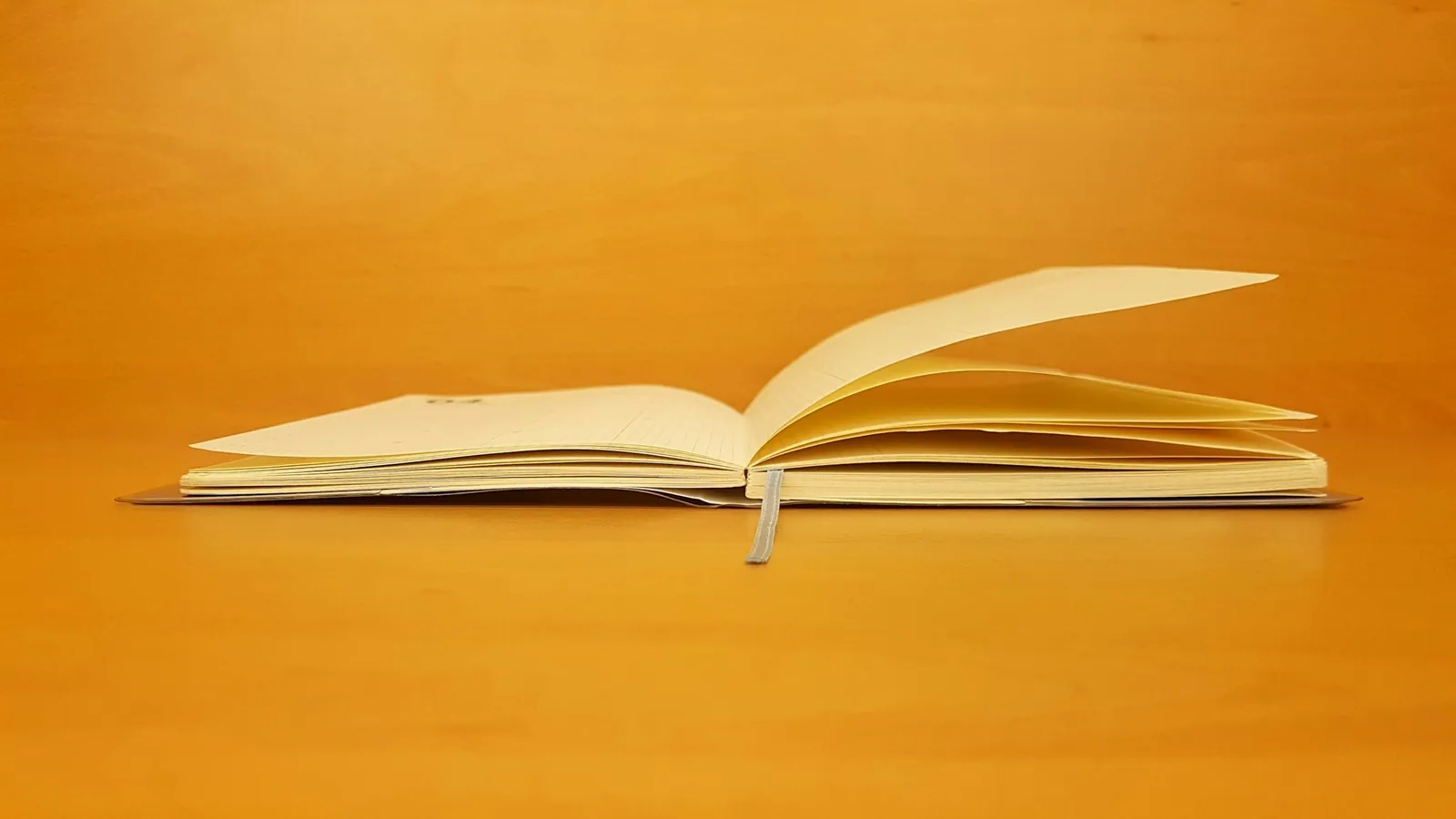 An open book lying flat on a warm orange surface.