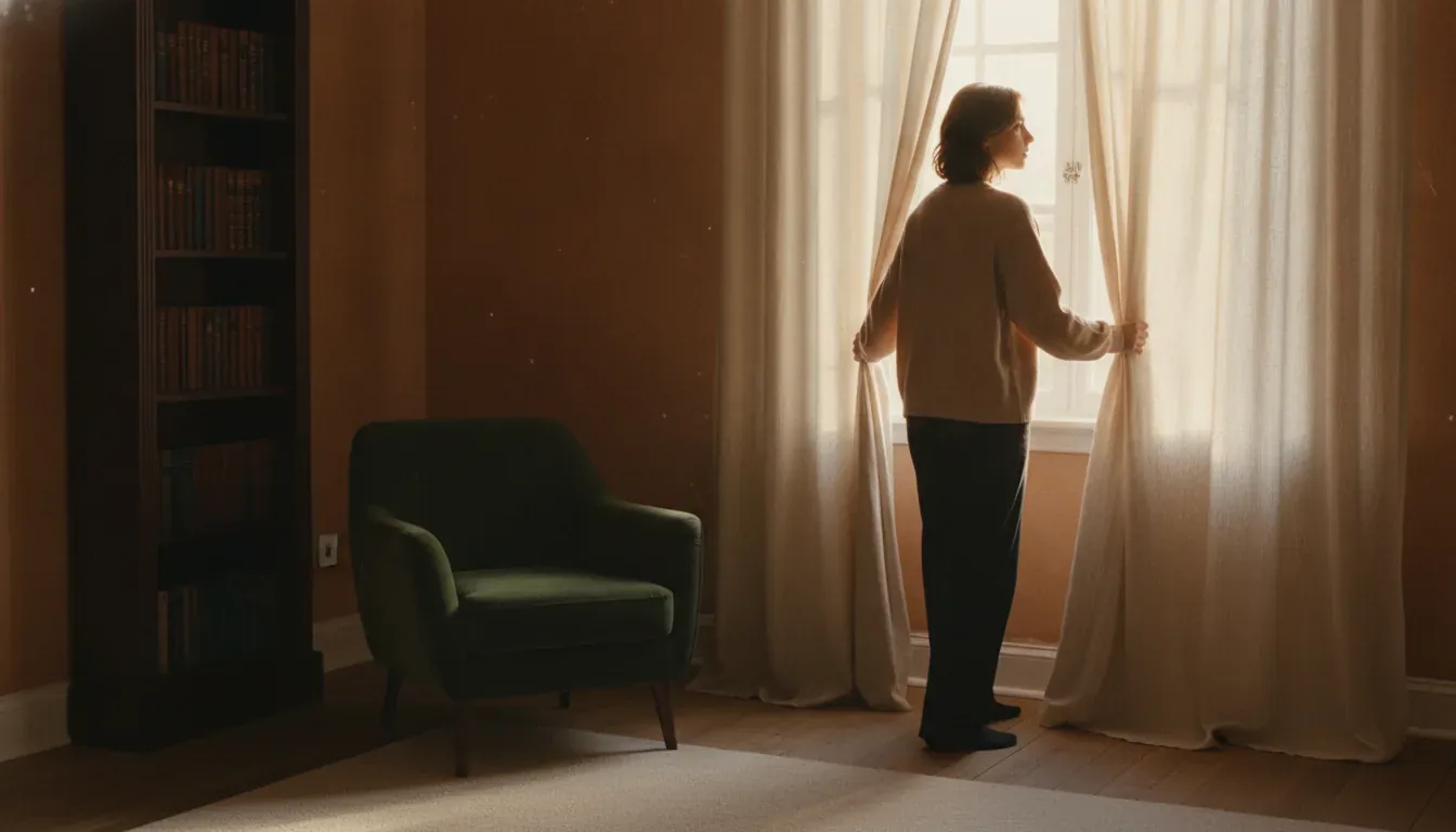 A person in a warm brown sweater opening the curtains of a tall window to morning light.