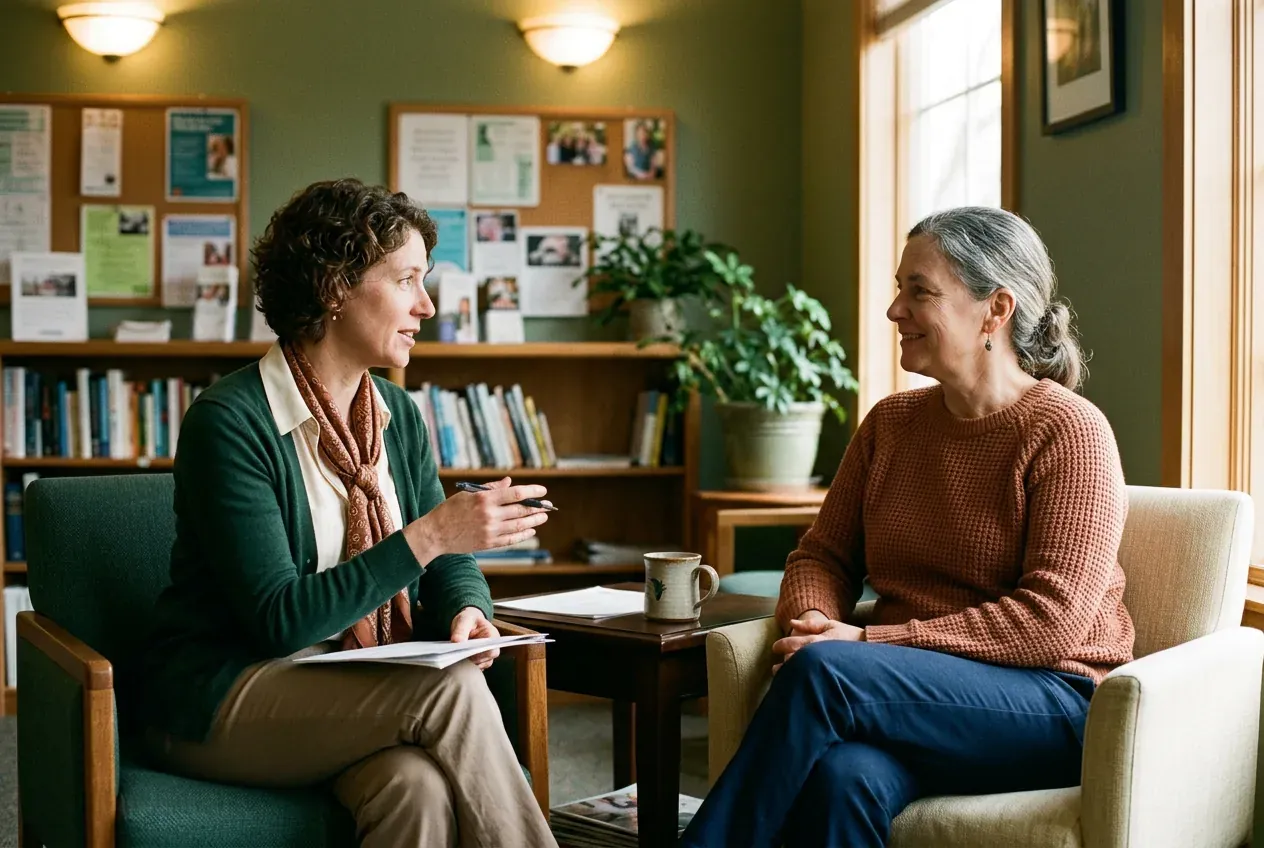 Two women in a warm office, one with a clipboard speaking while the other listens.