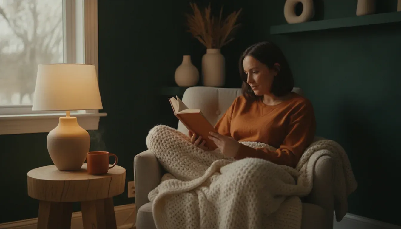 A woman wrapped in a cream knit blanket reading in an armchair by a warm lamp.