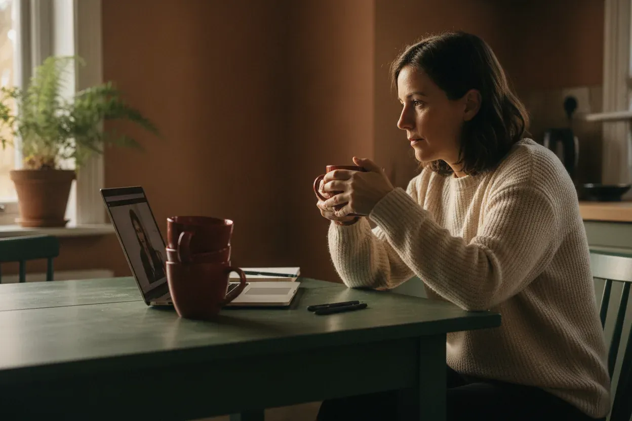 A woman at a green kitchen table holding a mug in both hands and looking out a window.