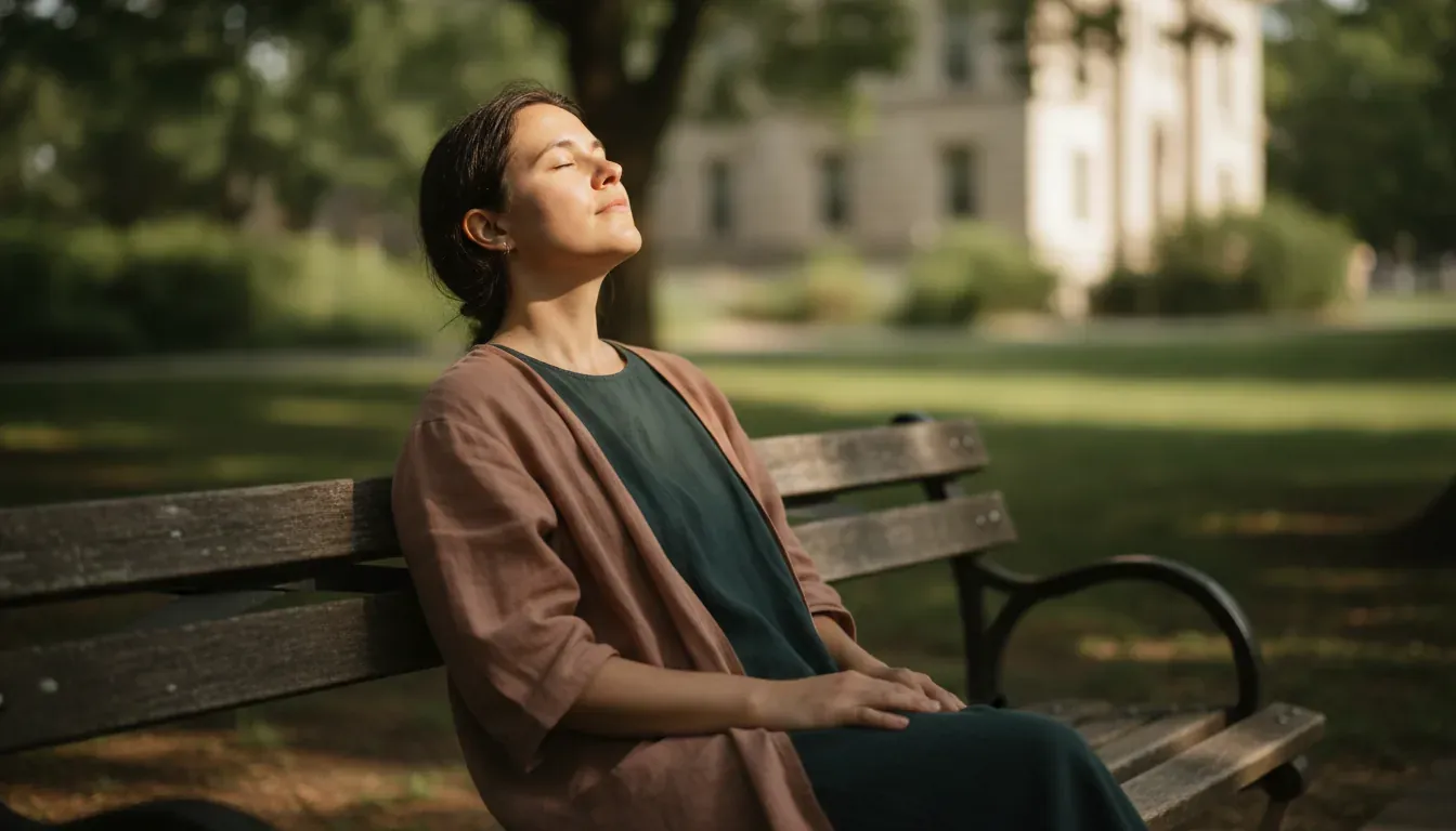 A woman on a park bench with her eyes closed and her face tilted up to the sun.