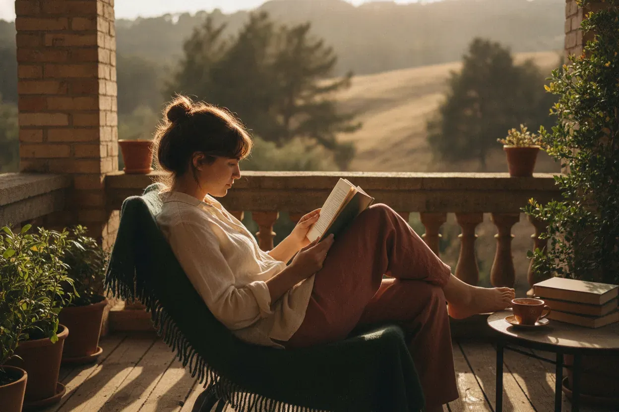 A woman in a cream sweater reading a book barefoot on a sunny terrace.