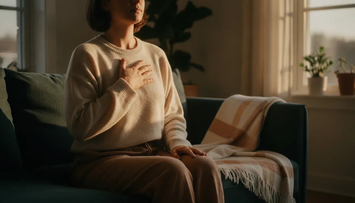 A woman in a cream sweater sitting on a couch with her eyes closed and one hand on her chest, breathing slowly.