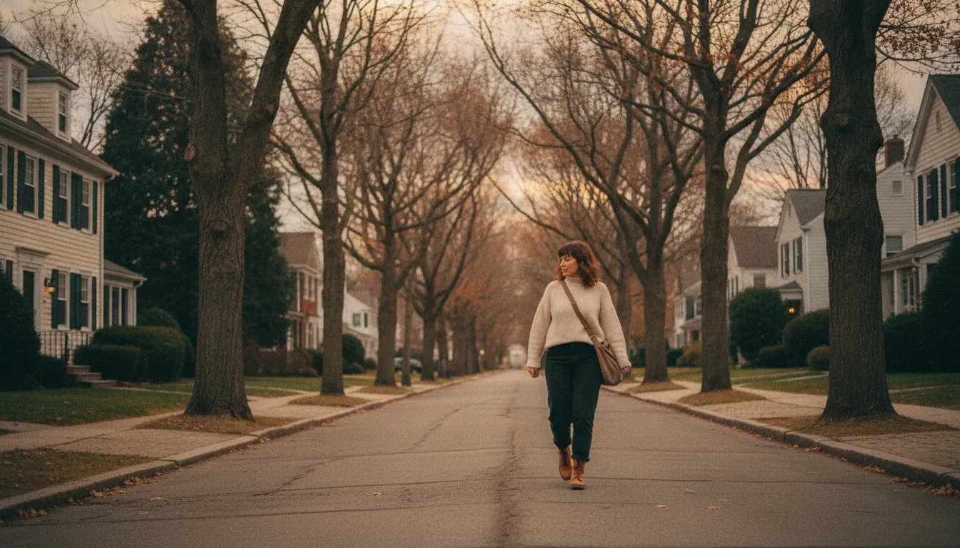 A woman in a cream sweater walking down a tree-lined suburban street at dusk.