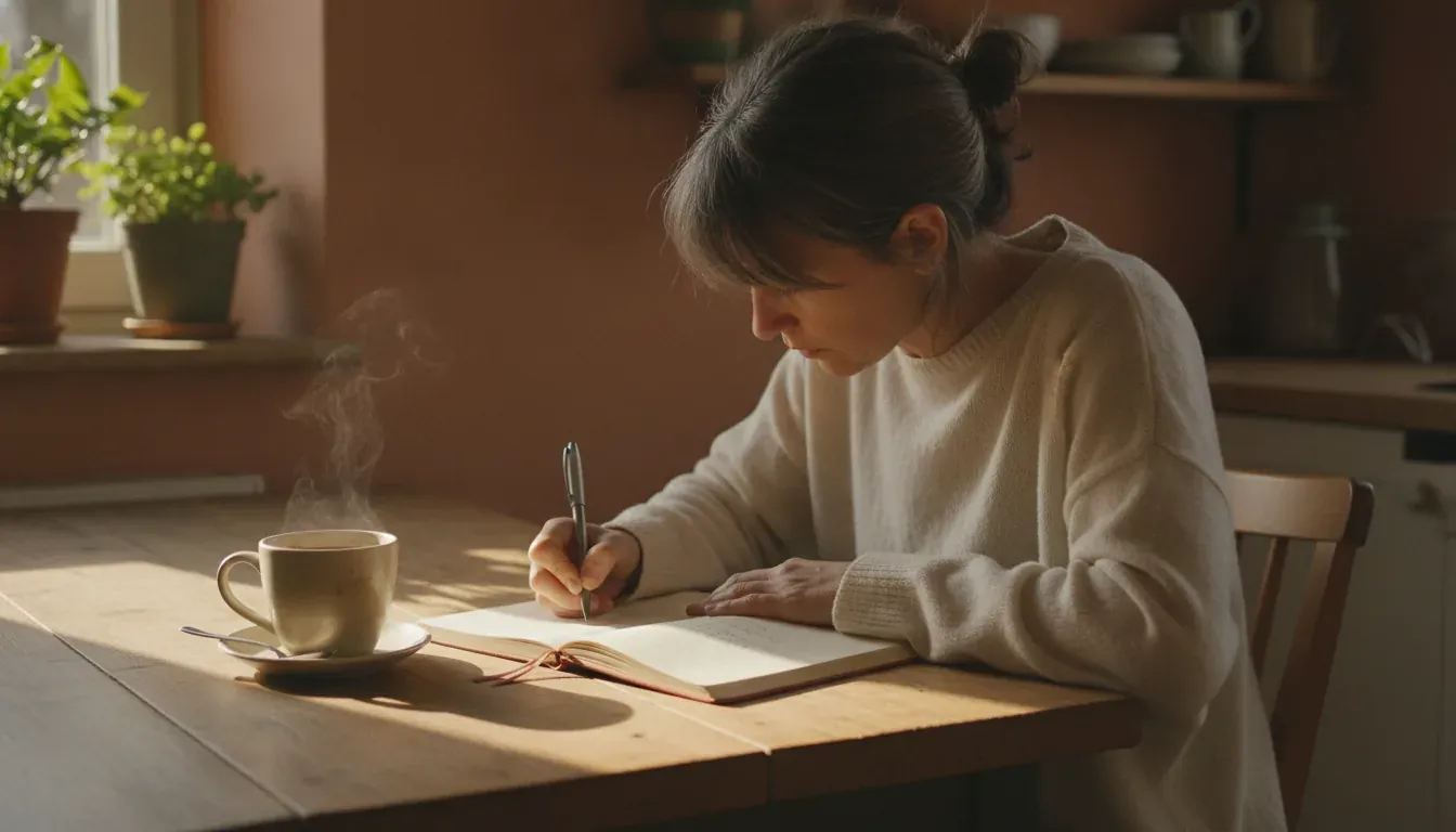 A woman writing in a red journal at a sunlit wooden kitchen table, a cup of coffee beside her.